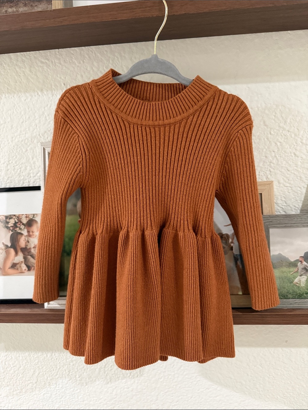 Rust Orange Ribbed Knit Peplum Sweater Dress